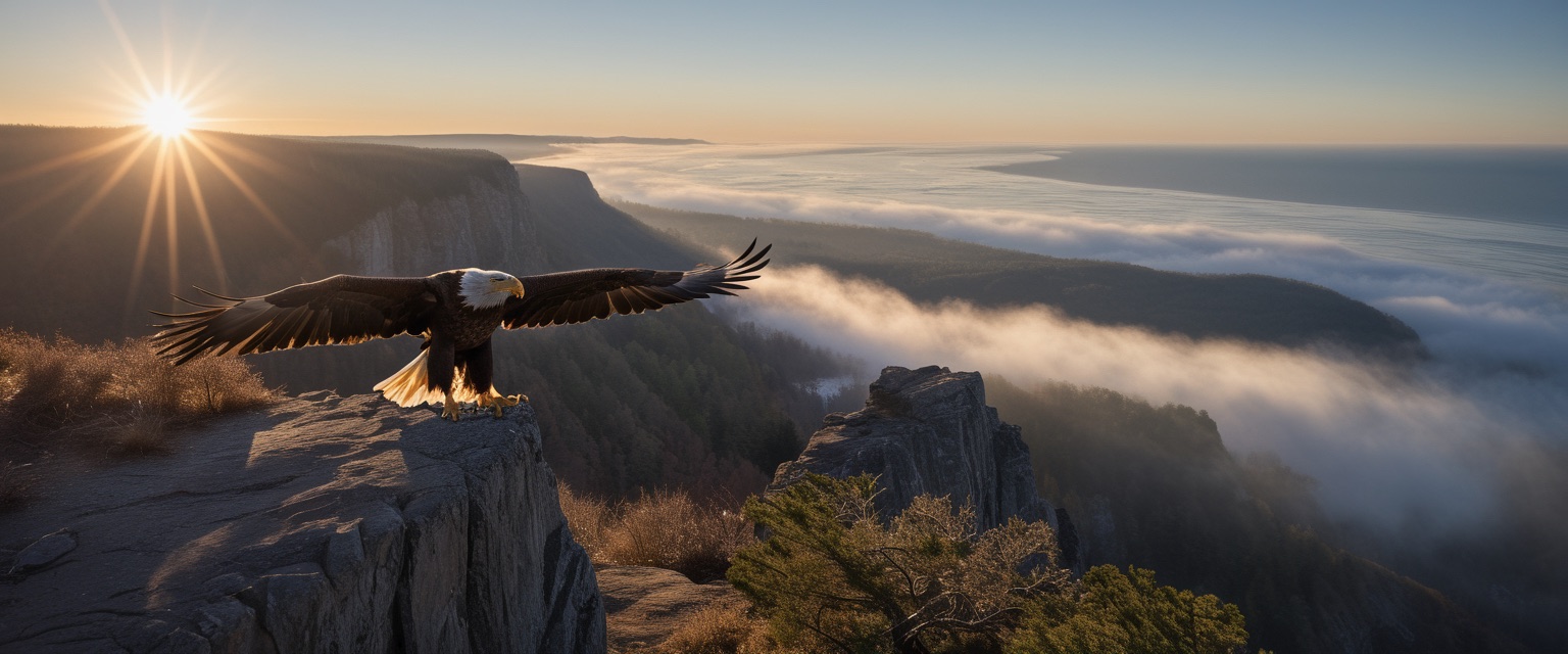 An eagle with its wings spread at the edge of a high cliff at sunrise, above a valley filled with cloud