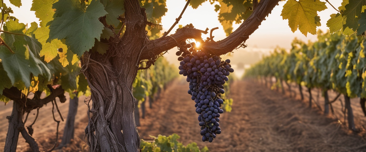 An old grapevine at sunrise, its branch heavy with grapes, the sun shining through from behind